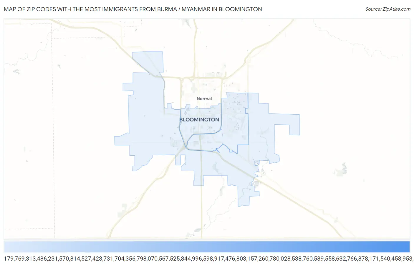 Zip Codes with the Most Immigrants from Burma / Myanmar in Bloomington Map