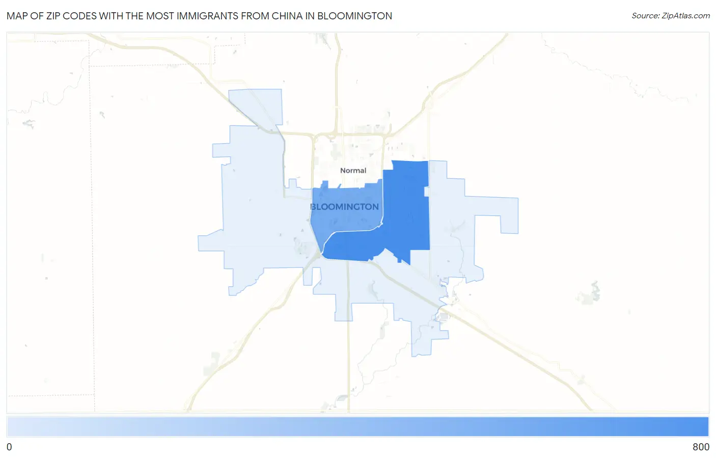 Zip Codes with the Most Immigrants from China in Bloomington Map