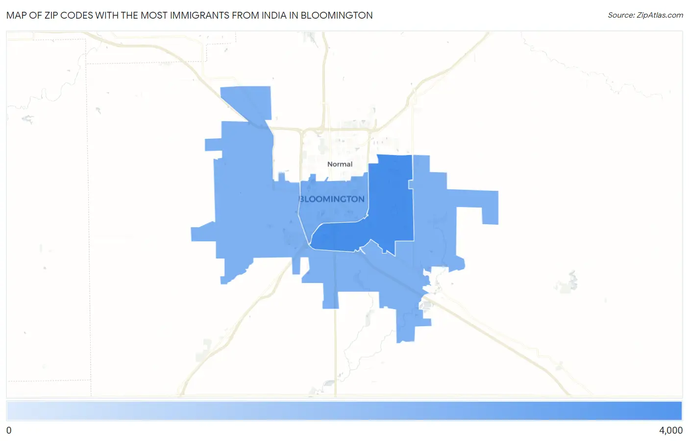 Zip Codes with the Most Immigrants from India in Bloomington Map