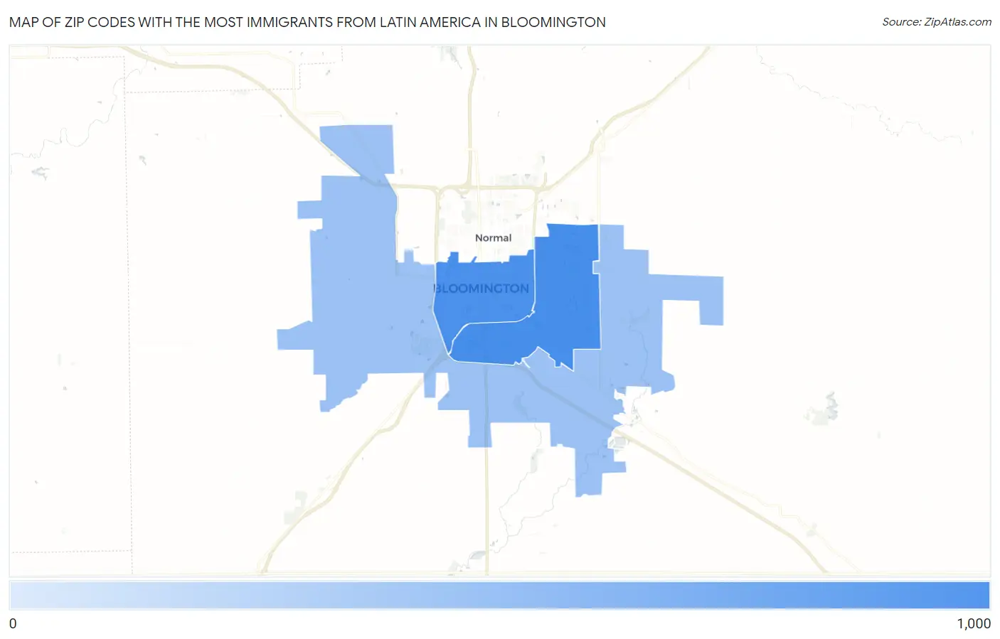 Zip Codes with the Most Immigrants from Latin America in Bloomington Map