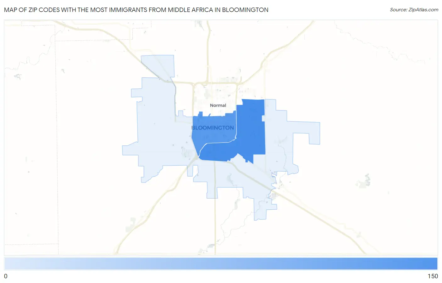 Zip Codes with the Most Immigrants from Middle Africa in Bloomington Map