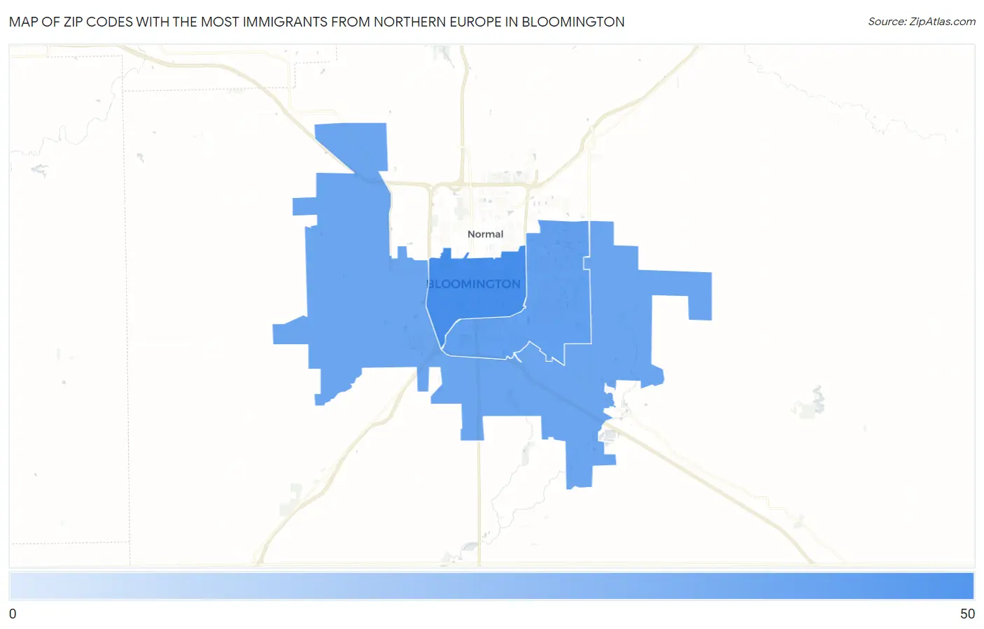 Zip Codes with the Most Immigrants from Northern Europe in Bloomington Map
