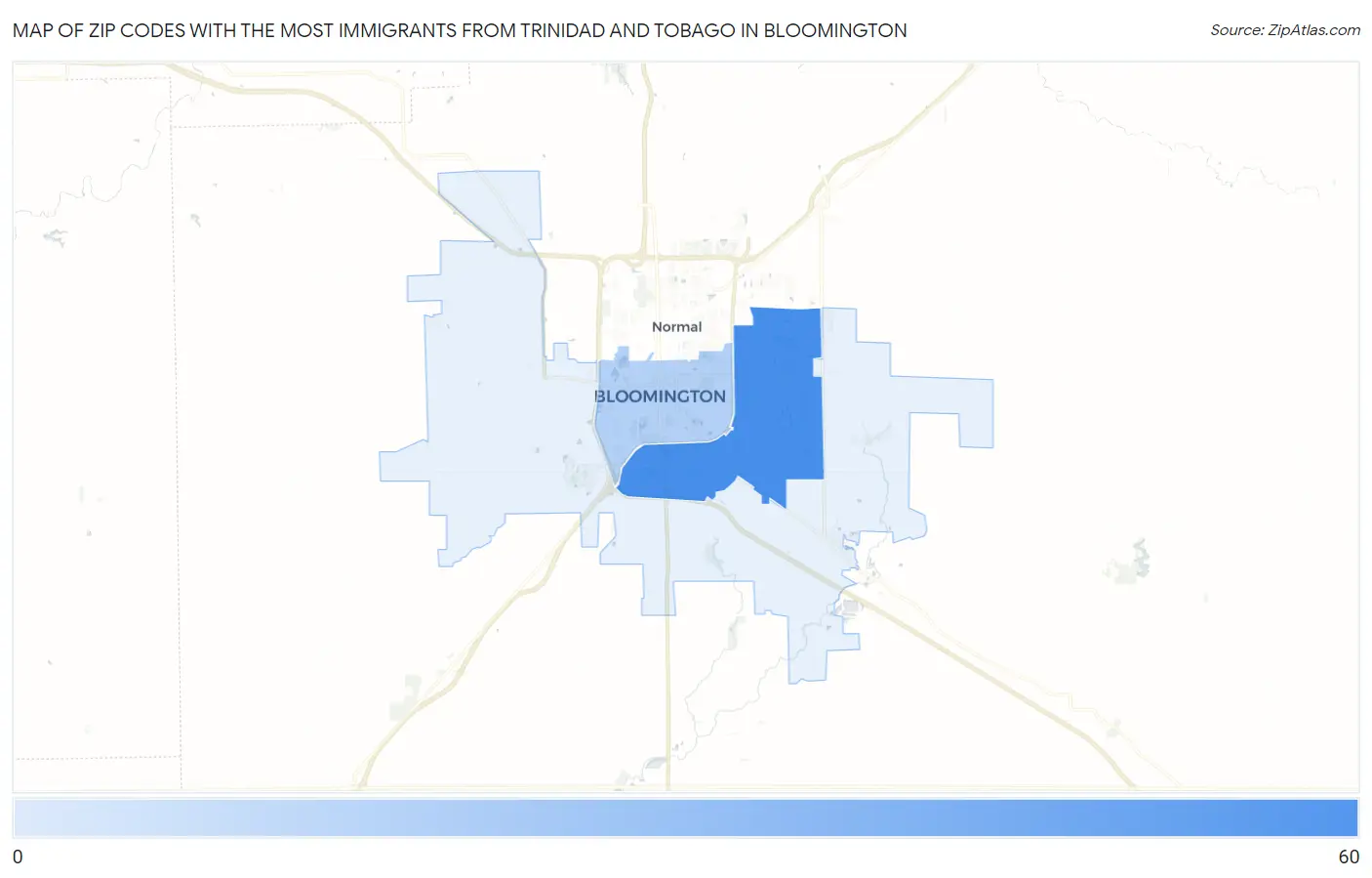 Zip Codes with the Most Immigrants from Trinidad and Tobago in Bloomington Map