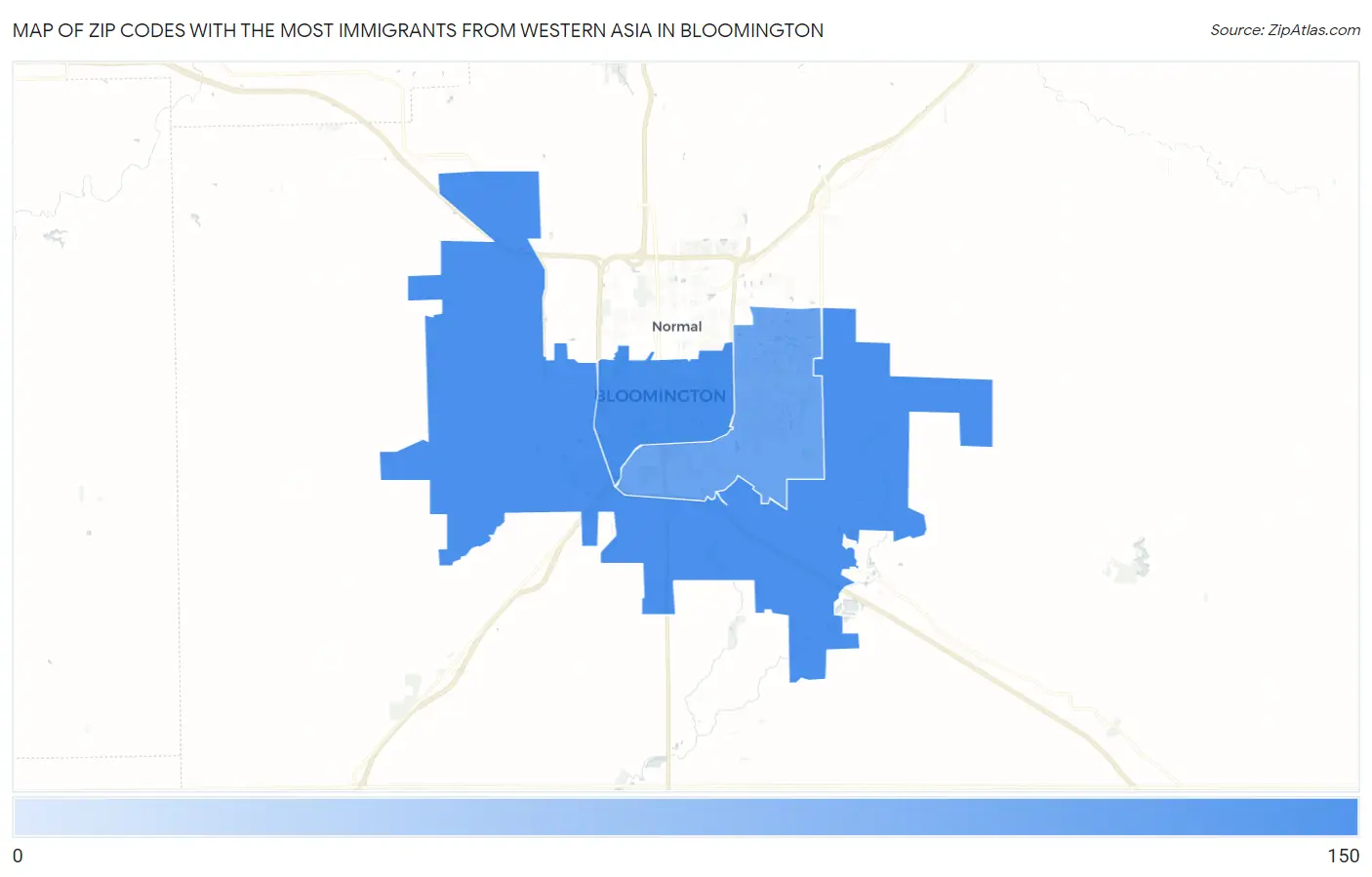 Zip Codes with the Most Immigrants from Western Asia in Bloomington Map