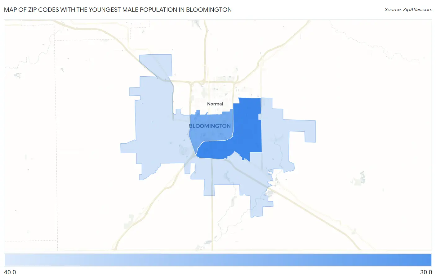 Zip Codes with the Youngest Male Population in Bloomington Map