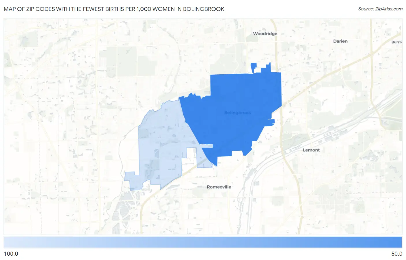 Zip Codes with the Fewest Births per 1,000 Women in Bolingbrook Map