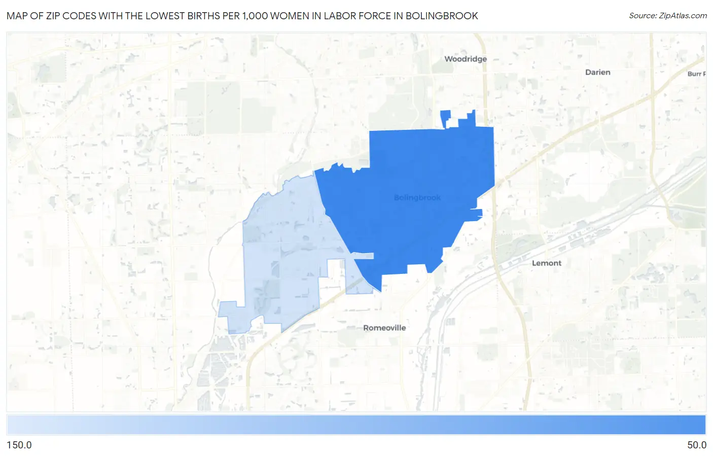 Zip Codes with the Lowest Births per 1,000 Women in Labor Force in Bolingbrook Map
