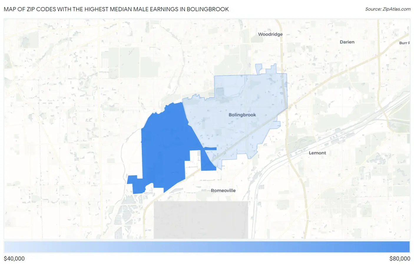 Zip Codes with the Highest Median Male Earnings in Bolingbrook Map