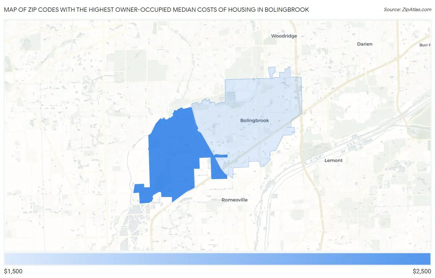 Zip Codes with the Highest Owner-Occupied Median Costs of Housing in Bolingbrook Map