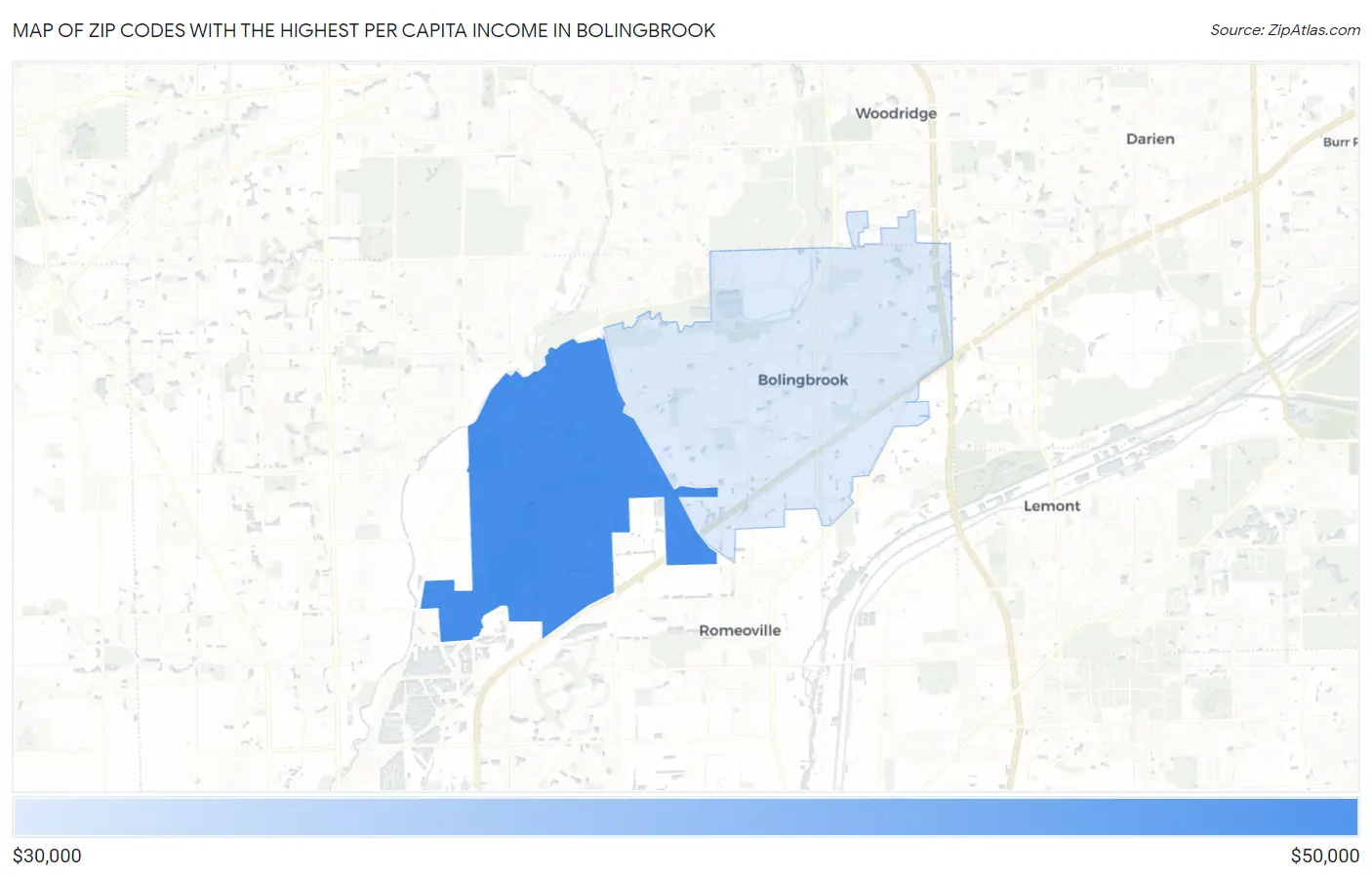 Zip Codes with the Highest Per Capita Income in Bolingbrook Map