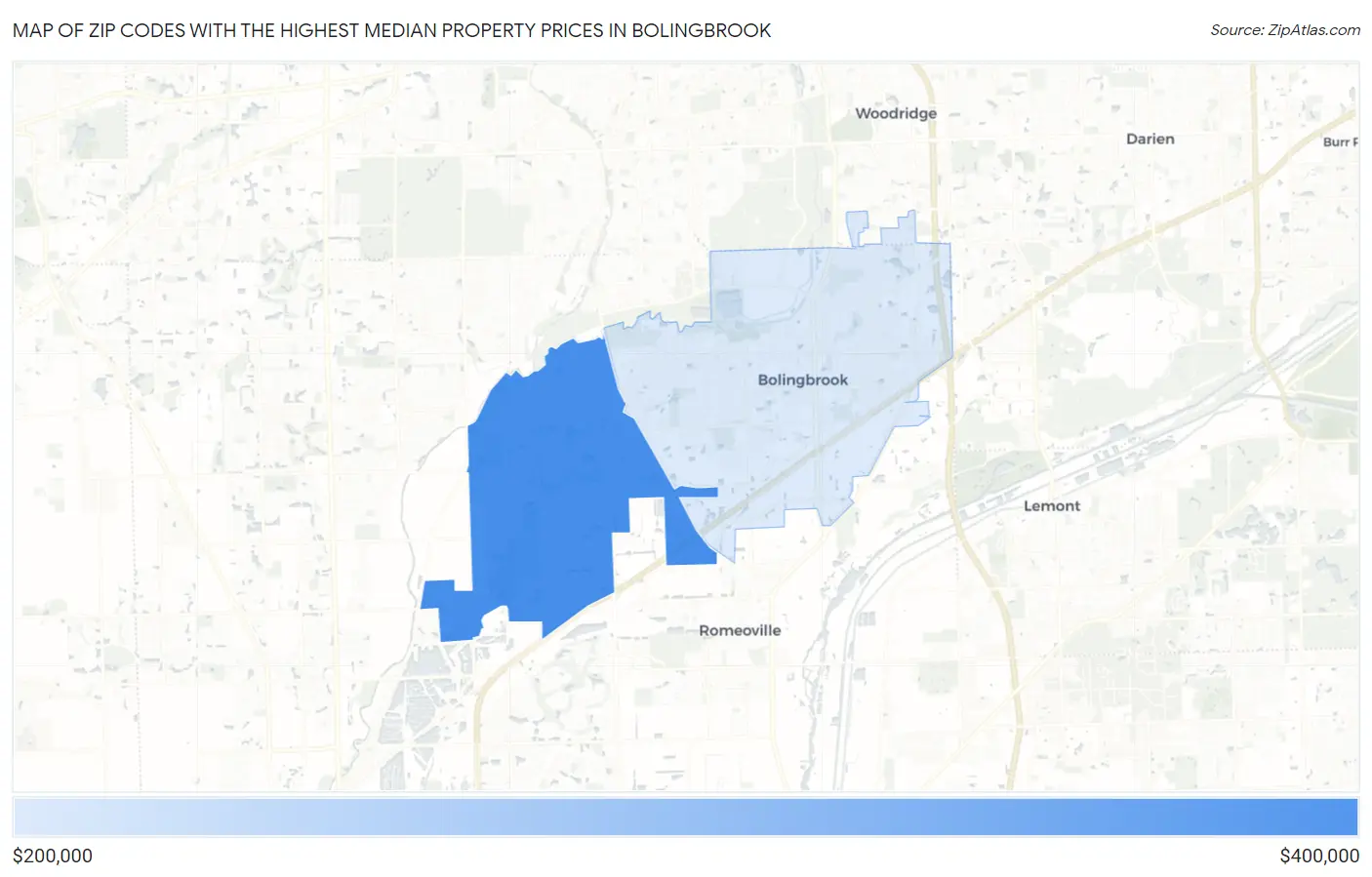 Zip Codes with the Highest Median Property Prices in Bolingbrook Map