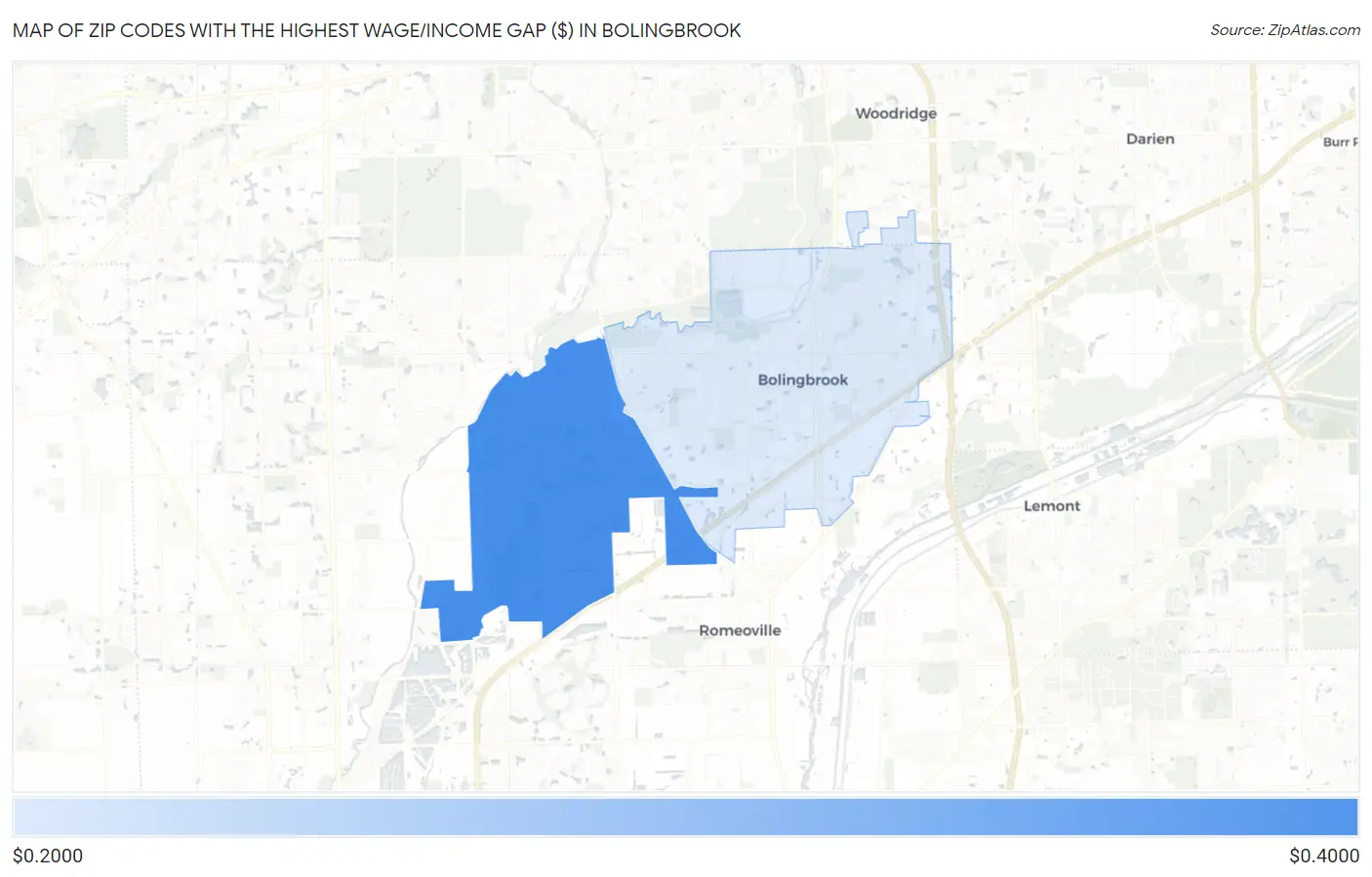 Zip Codes with the Highest Wage/Income Gap ($) in Bolingbrook Map