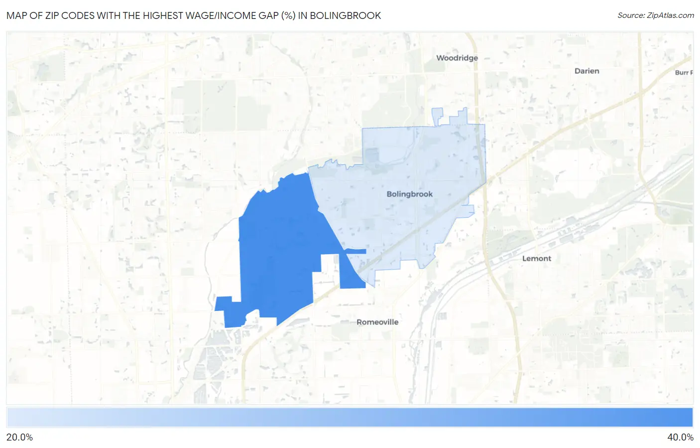 Zip Codes with the Highest Wage/Income Gap (%) in Bolingbrook Map