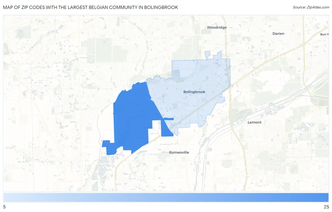Zip Codes with the Largest Belgian Community in Bolingbrook Map