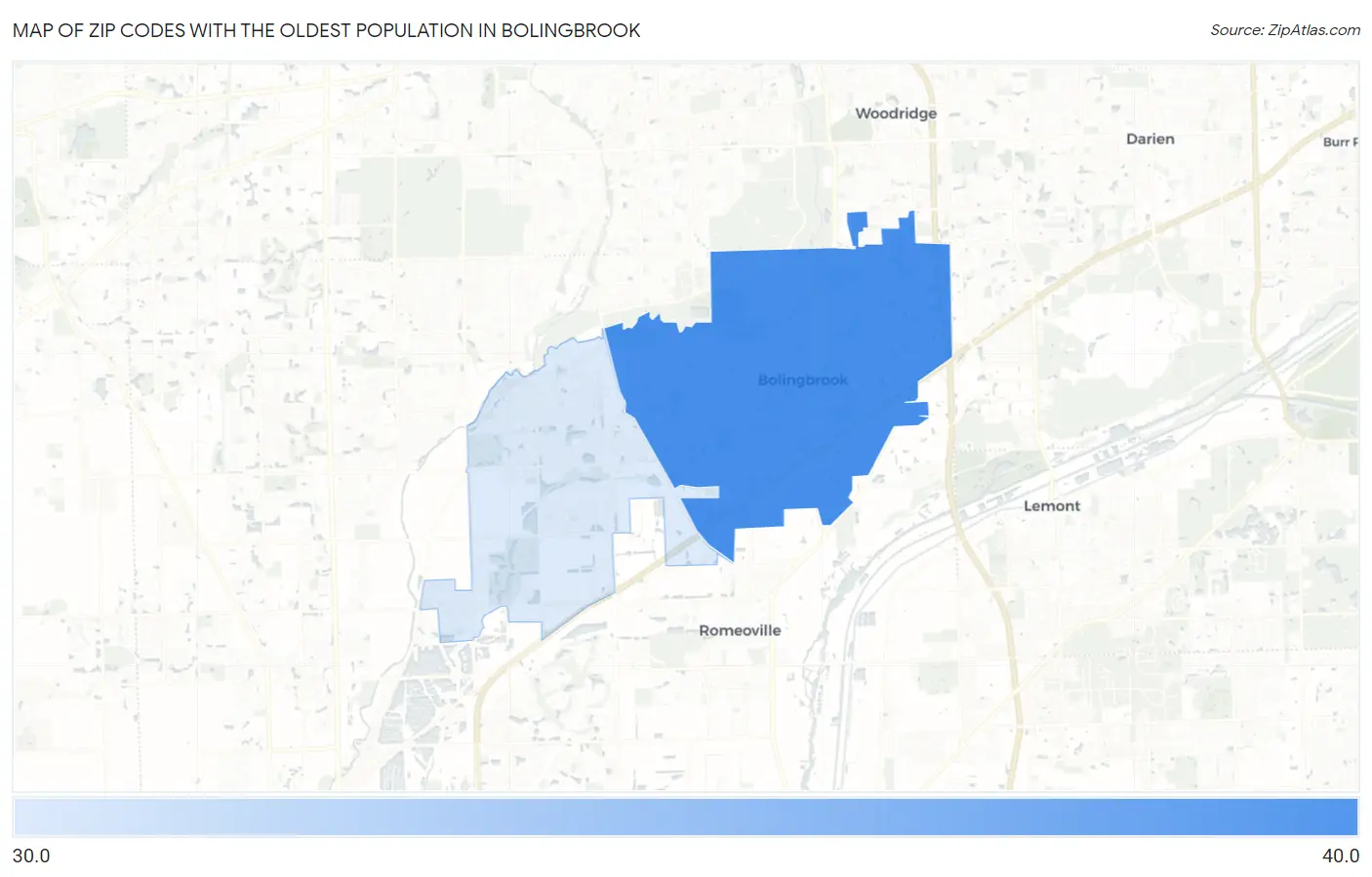 Zip Codes with the Oldest Population in Bolingbrook Map