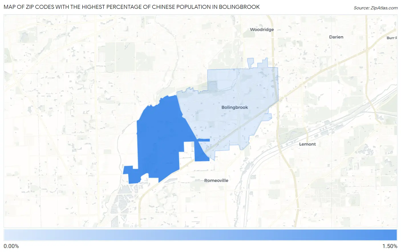 Zip Codes with the Highest Percentage of Chinese Population in Bolingbrook Map