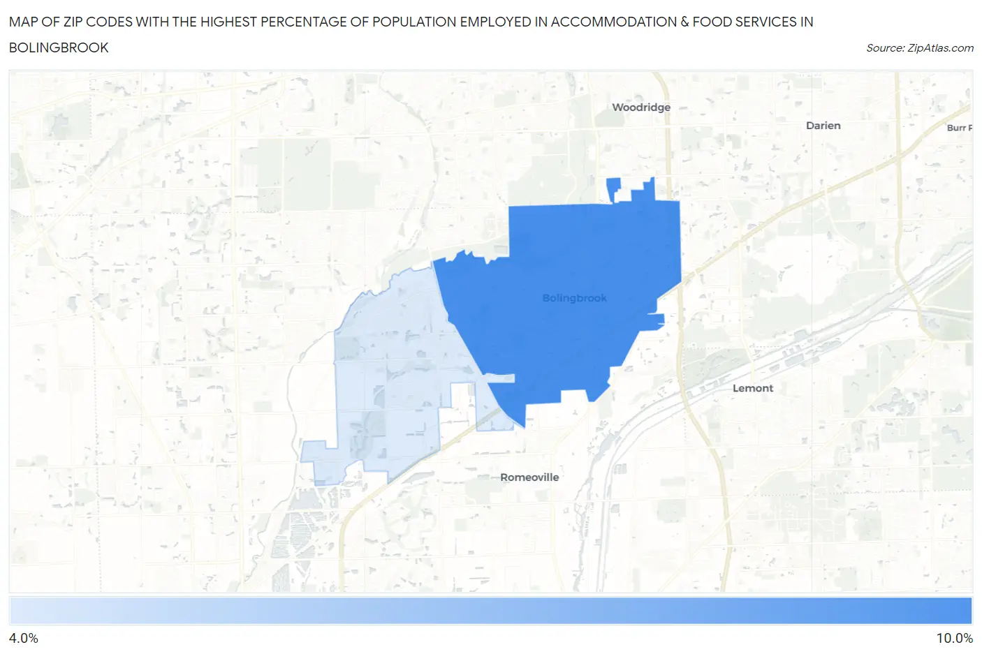 Zip Codes with the Highest Percentage of Population Employed in Accommodation & Food Services in Bolingbrook Map