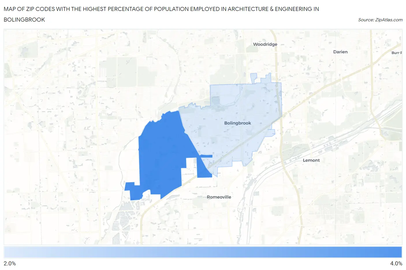 Zip Codes with the Highest Percentage of Population Employed in Architecture & Engineering in Bolingbrook Map