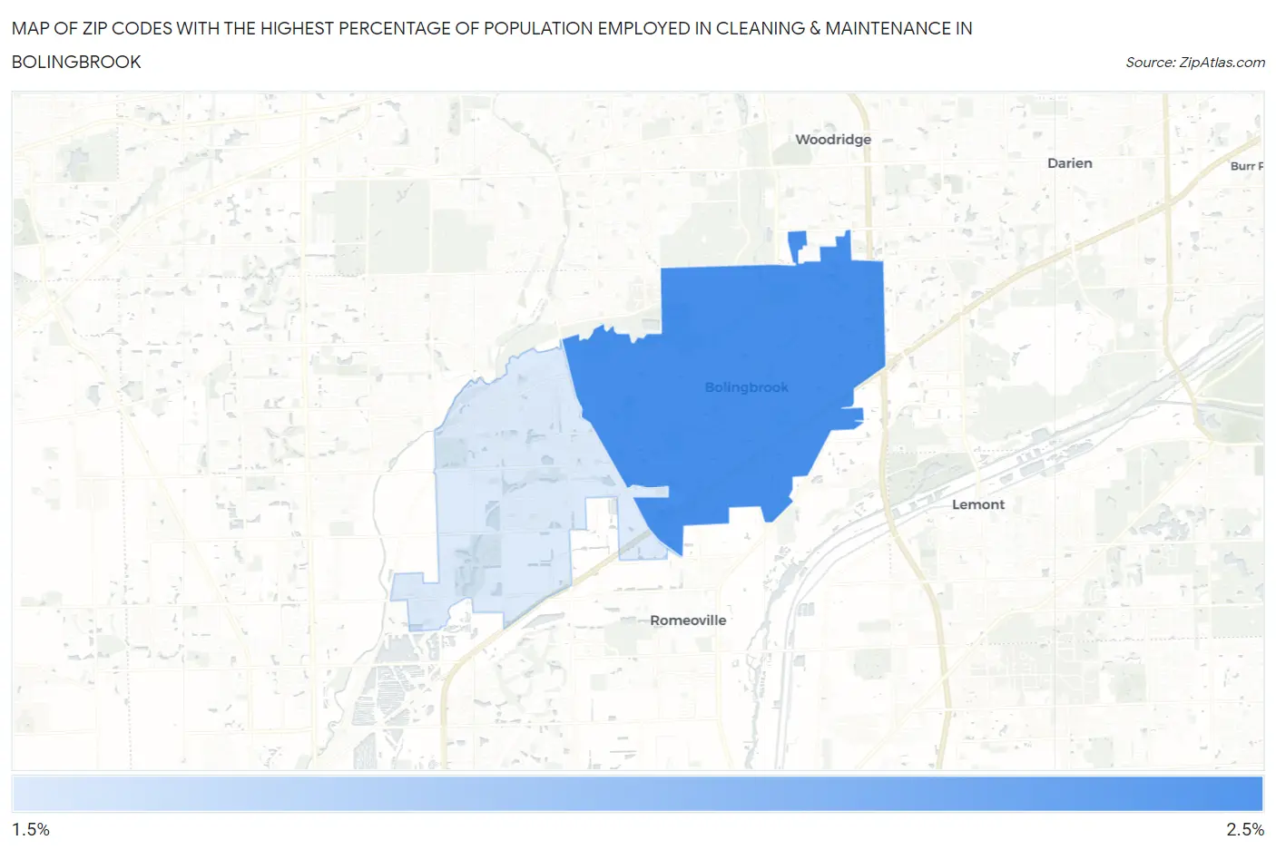 Zip Codes with the Highest Percentage of Population Employed in Cleaning & Maintenance in Bolingbrook Map