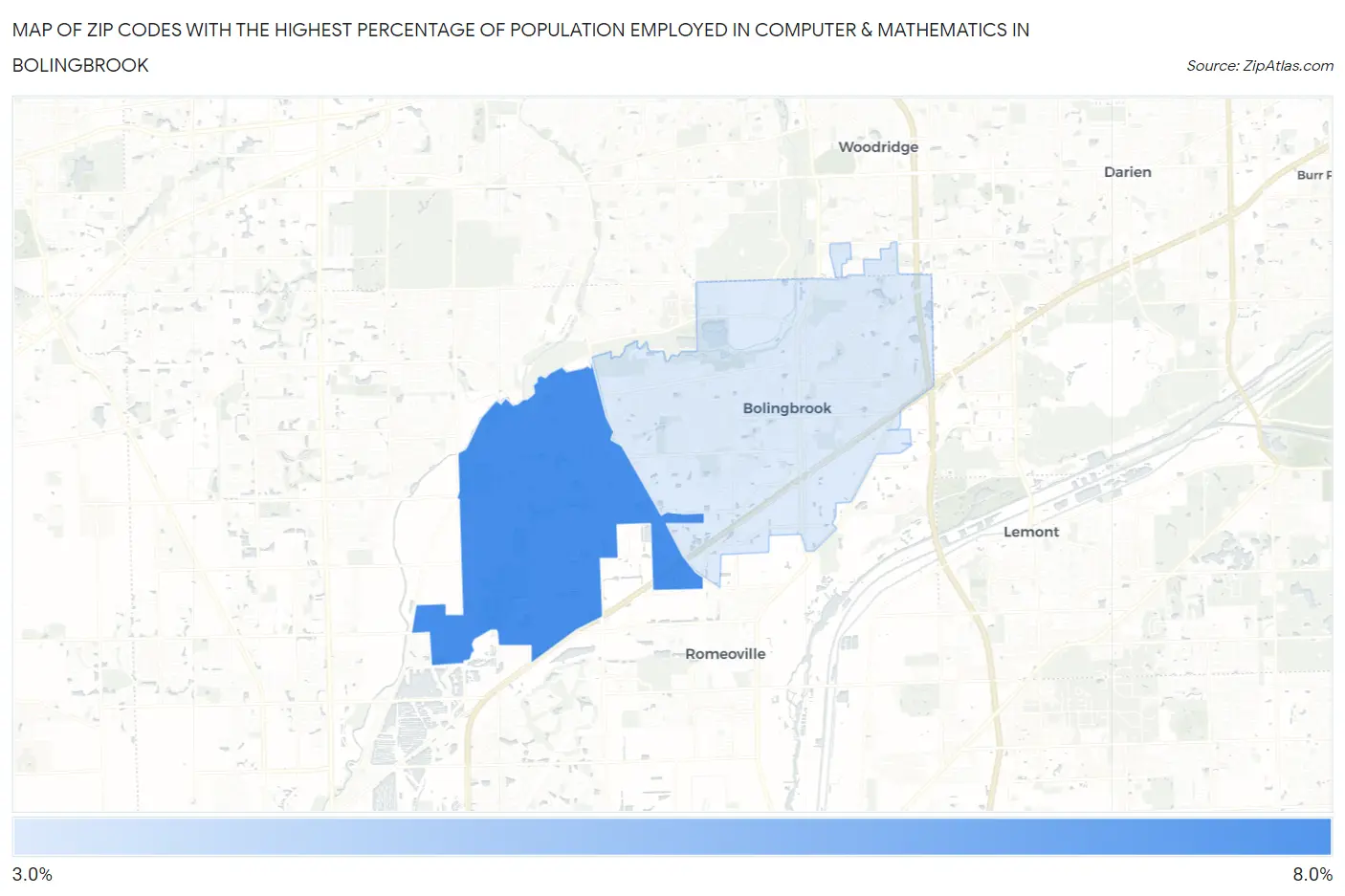 Zip Codes with the Highest Percentage of Population Employed in Computer & Mathematics in Bolingbrook Map