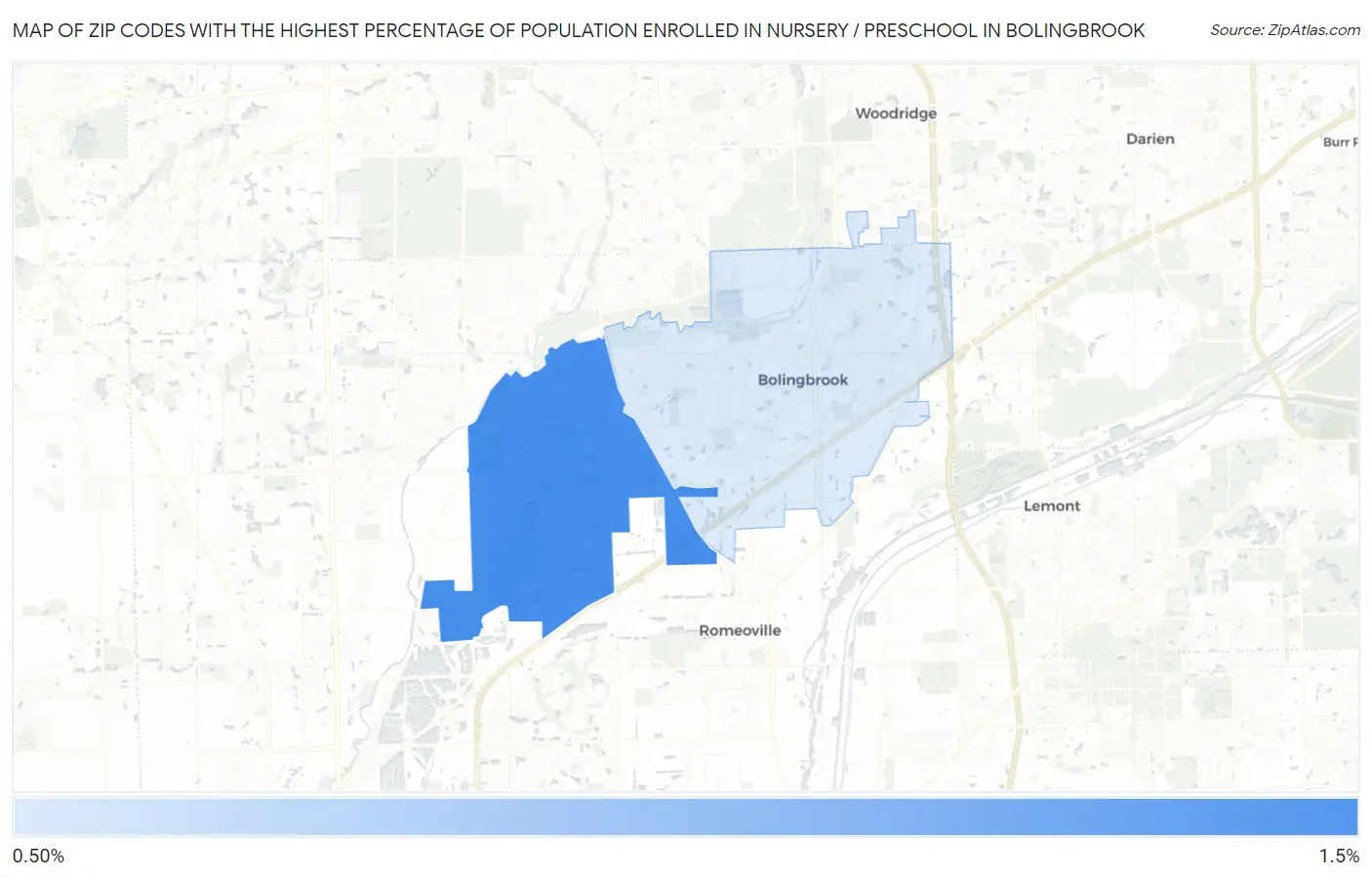 Zip Codes with the Highest Percentage of Population Enrolled in Nursery / Preschool in Bolingbrook Map