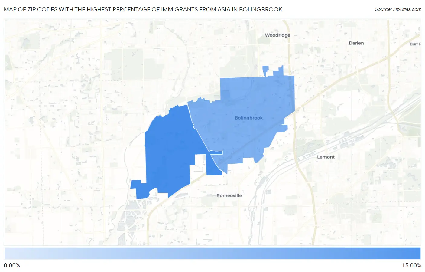 Zip Codes with the Highest Percentage of Immigrants from Asia in Bolingbrook Map