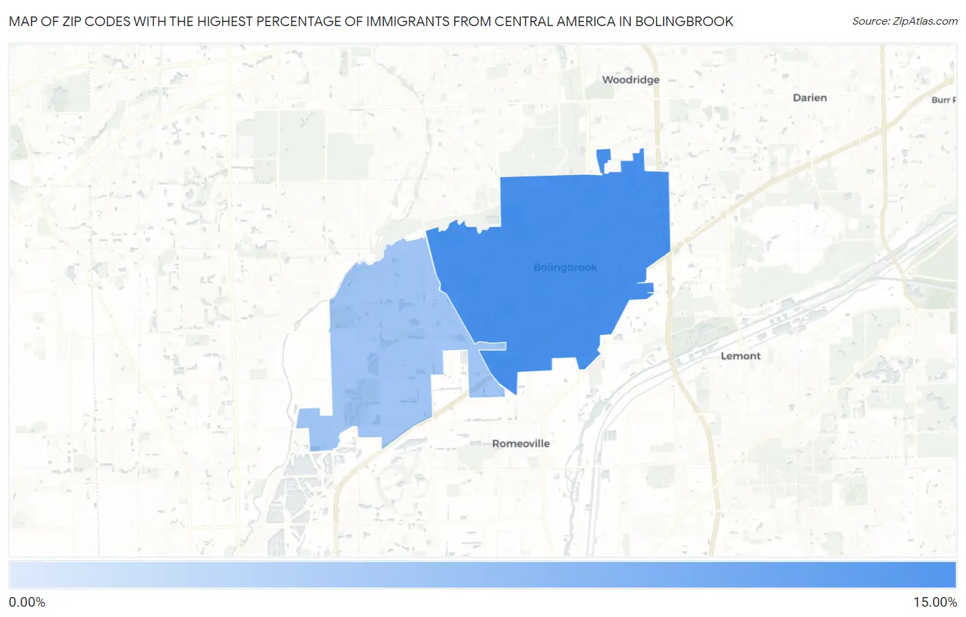 Zip Codes with the Highest Percentage of Immigrants from Central America in Bolingbrook Map