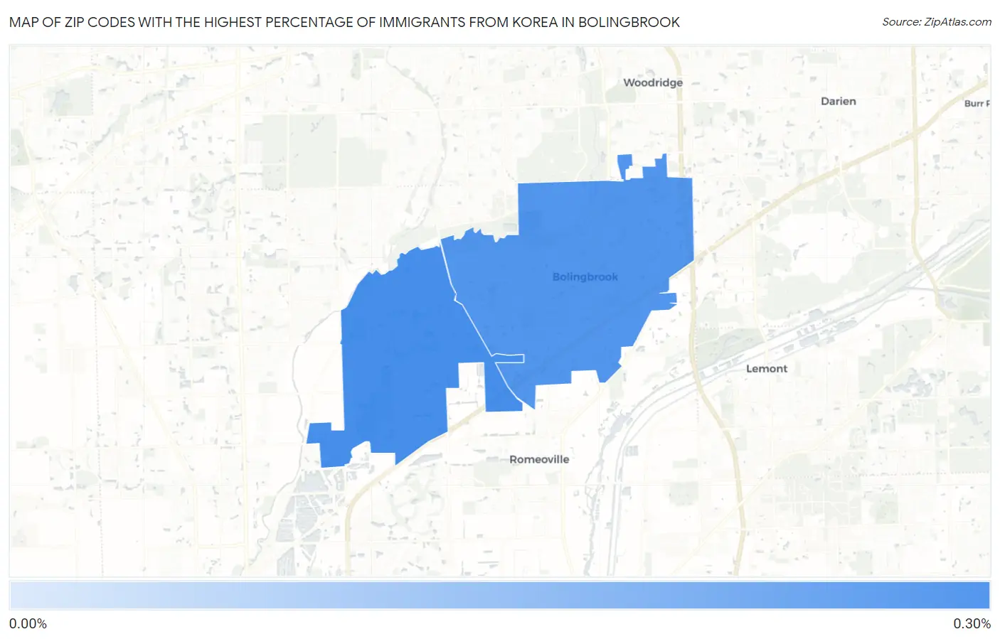 Zip Codes with the Highest Percentage of Immigrants from Korea in Bolingbrook Map