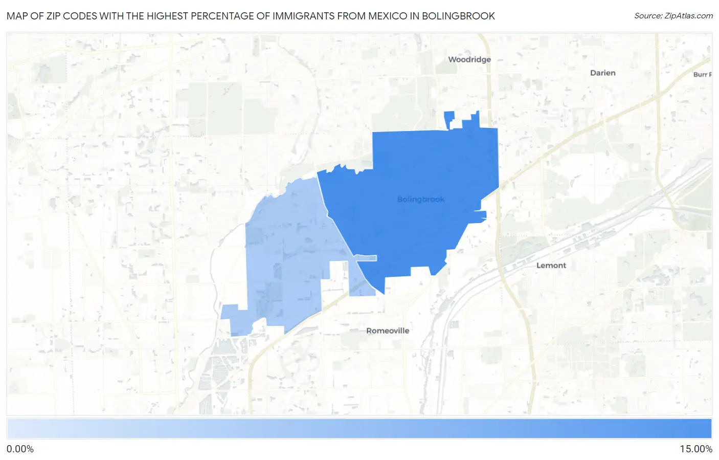 Zip Codes with the Highest Percentage of Immigrants from Mexico in Bolingbrook Map