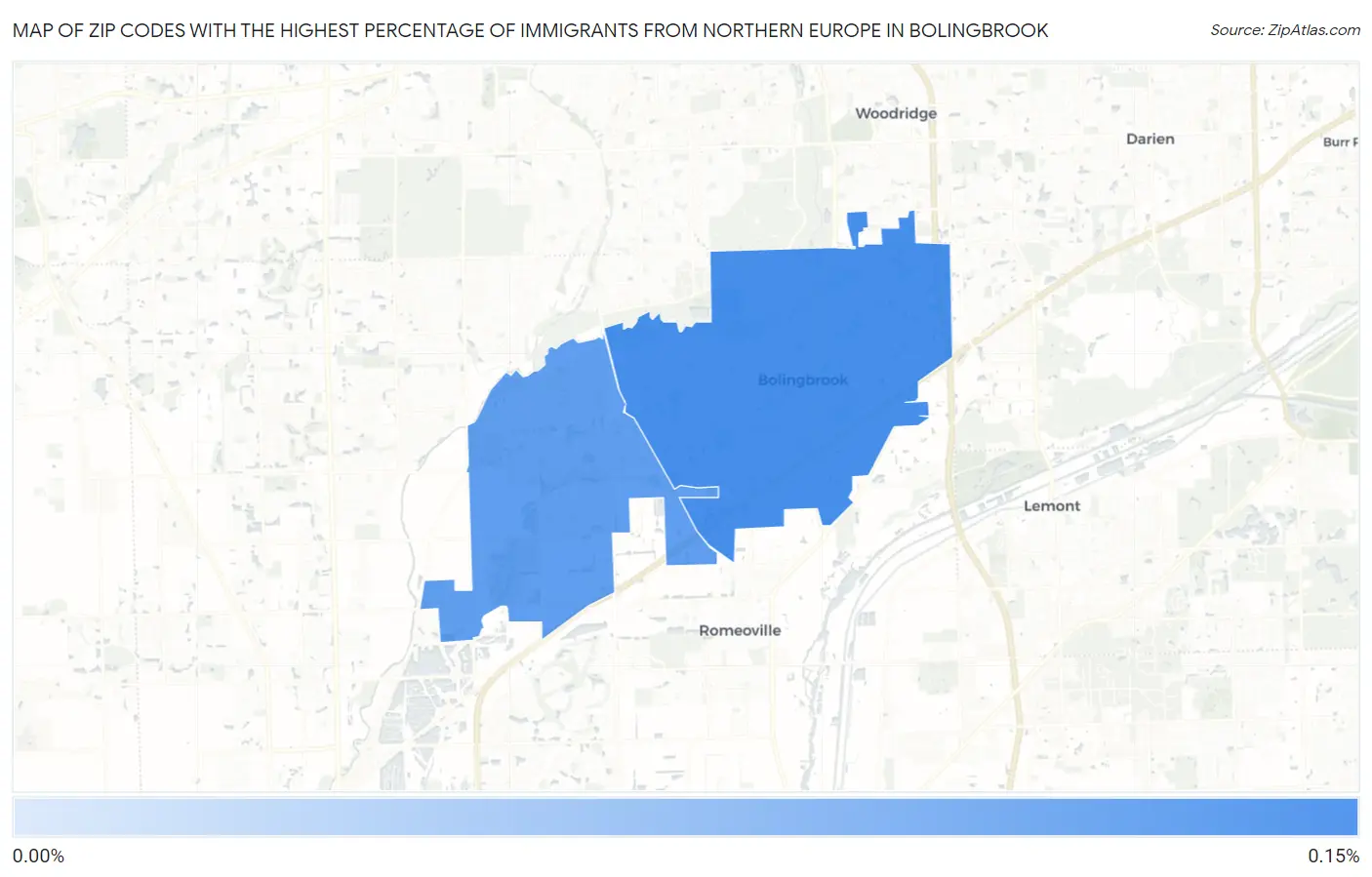 Zip Codes with the Highest Percentage of Immigrants from Northern Europe in Bolingbrook Map