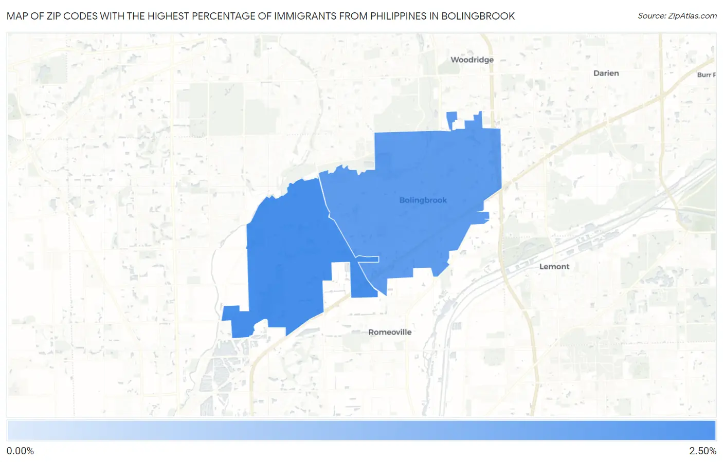 Zip Codes with the Highest Percentage of Immigrants from Philippines in Bolingbrook Map