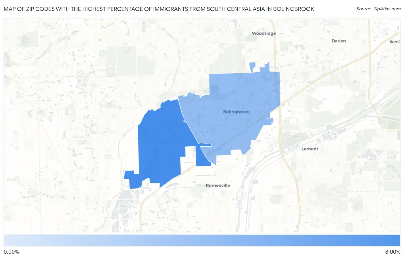 Zip Codes with the Highest Percentage of Immigrants from South Central Asia in Bolingbrook Map