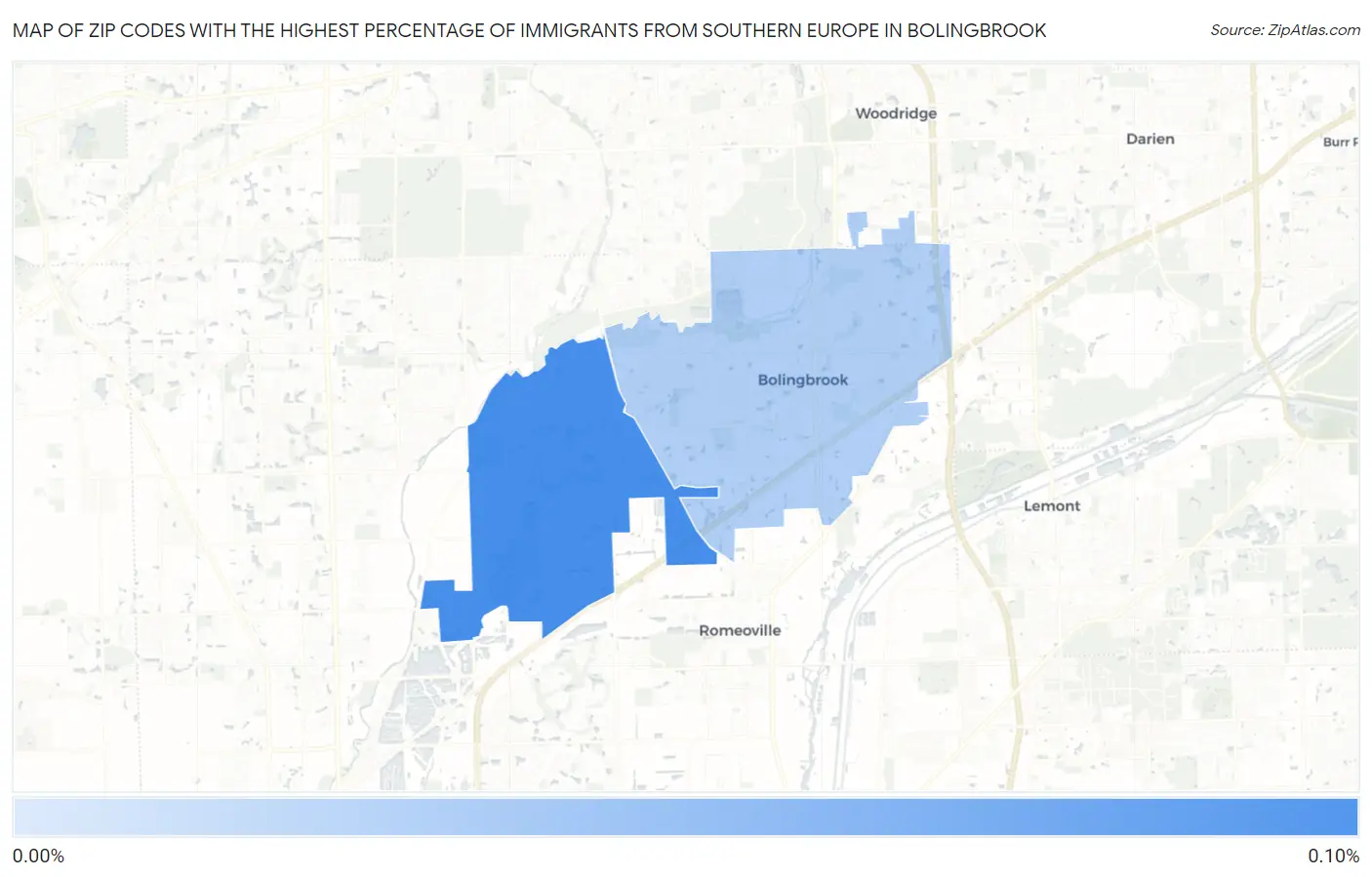 Zip Codes with the Highest Percentage of Immigrants from Southern Europe in Bolingbrook Map
