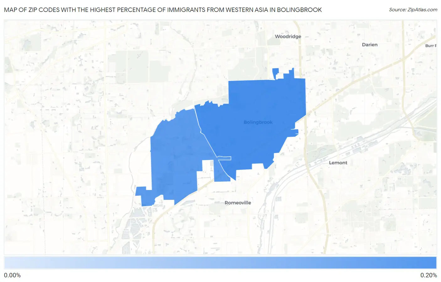 Zip Codes with the Highest Percentage of Immigrants from Western Asia in Bolingbrook Map