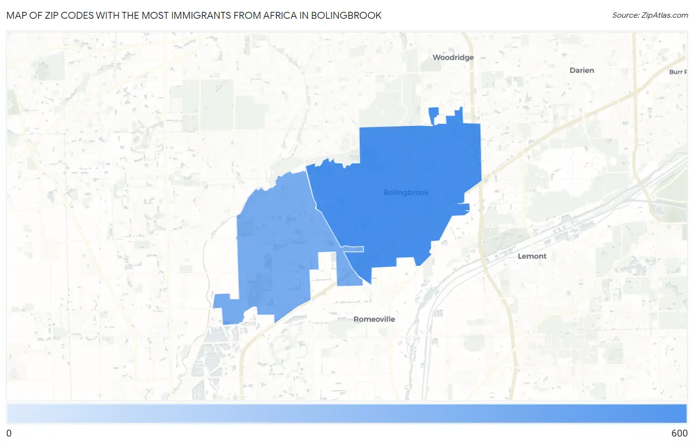 Zip Codes with the Most Immigrants from Africa in Bolingbrook Map