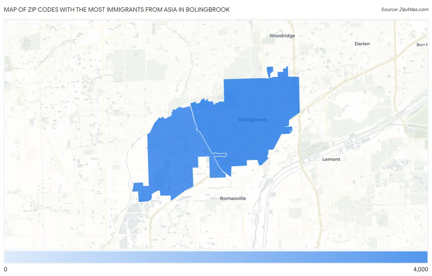 Zip Codes with the Most Immigrants from Asia in Bolingbrook Map