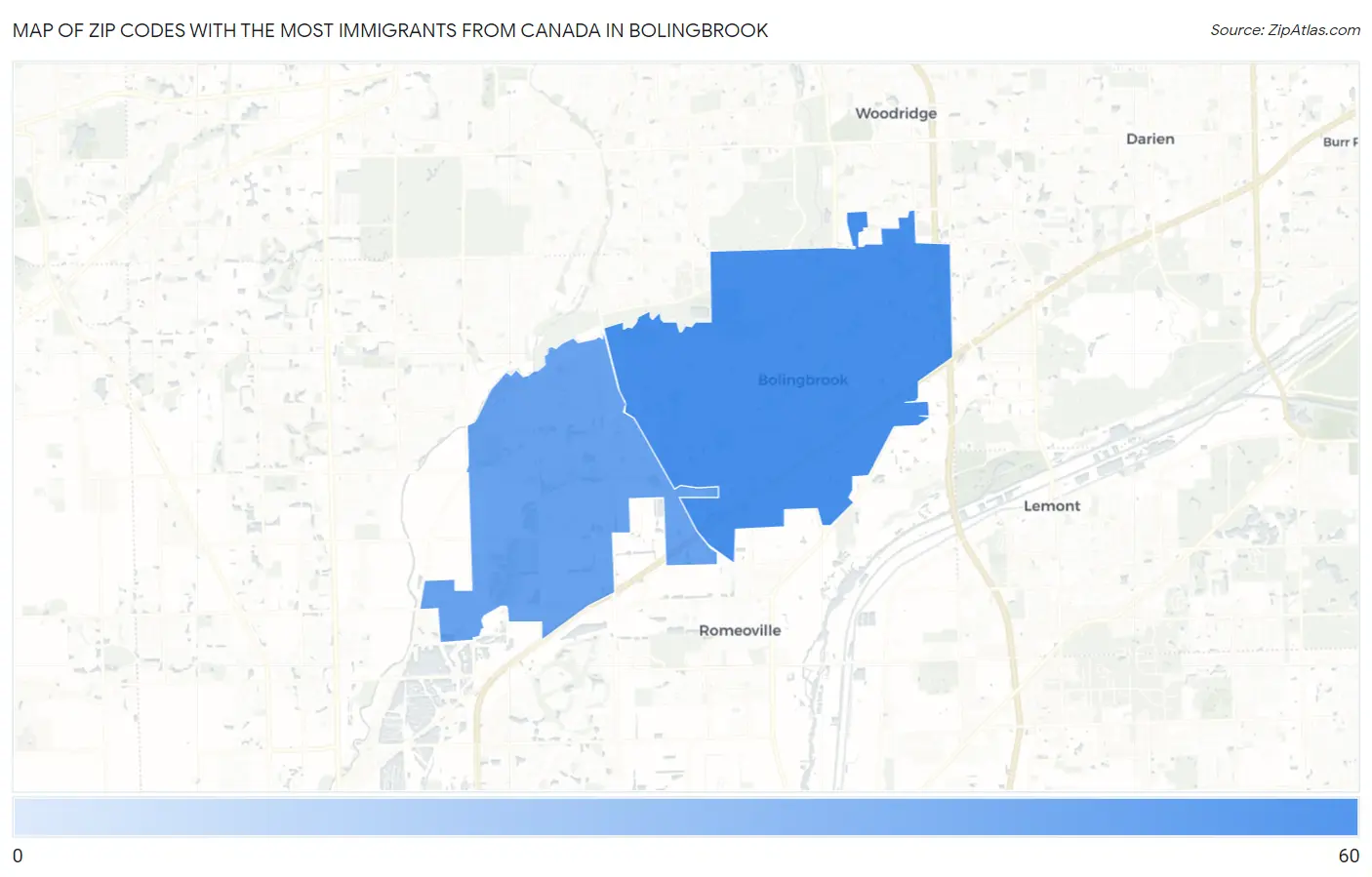 Zip Codes with the Most Immigrants from Canada in Bolingbrook Map