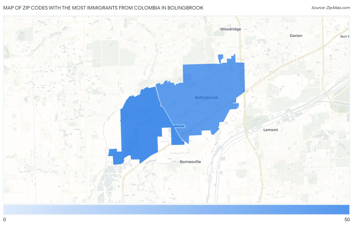 Zip Codes with the Most Immigrants from Colombia in Bolingbrook Map