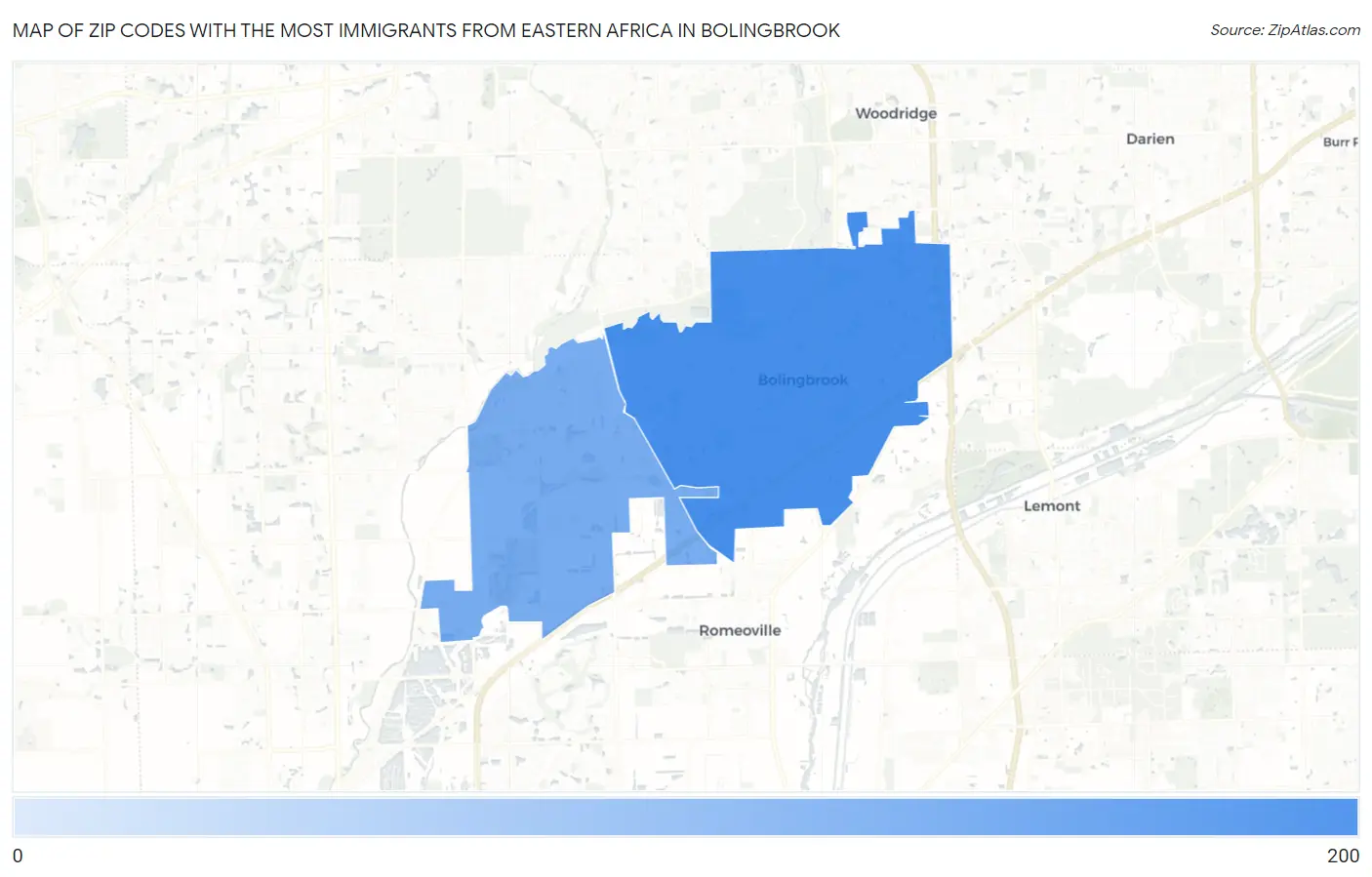 Zip Codes with the Most Immigrants from Eastern Africa in Bolingbrook Map