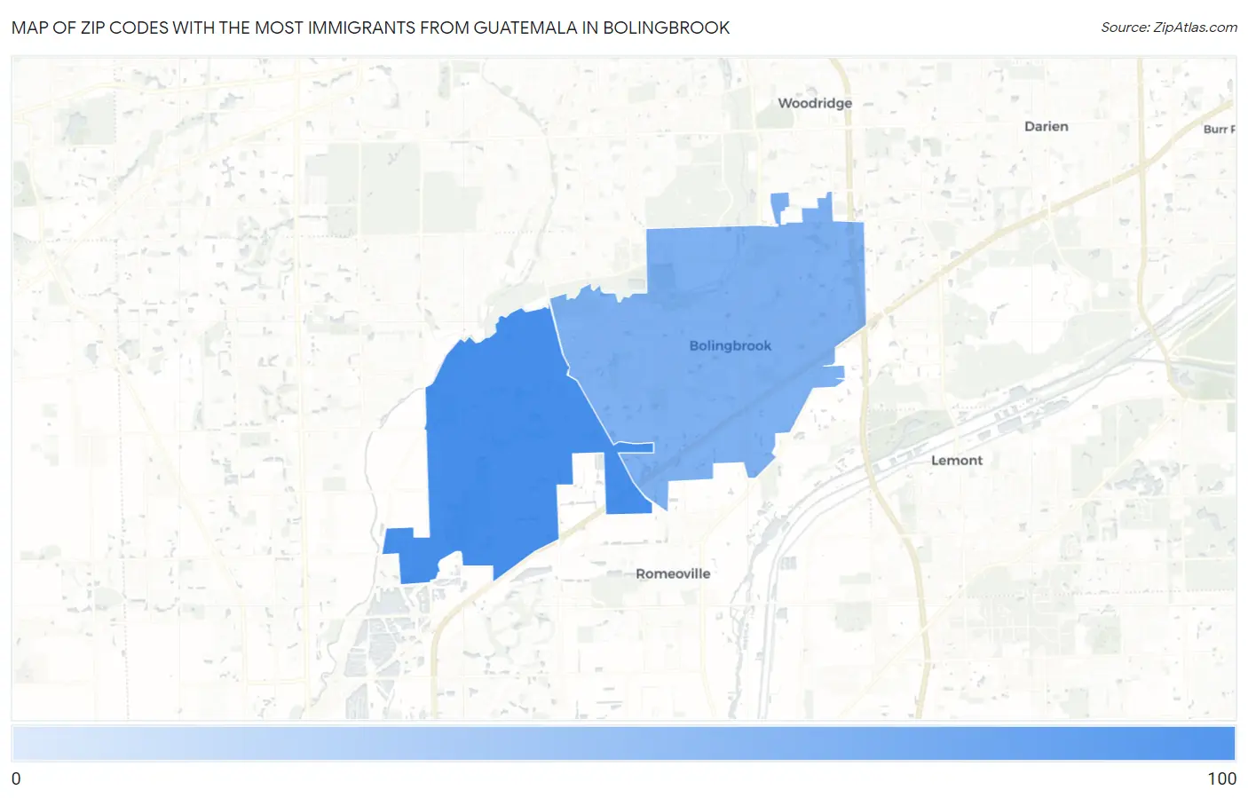 Zip Codes with the Most Immigrants from Guatemala in Bolingbrook Map