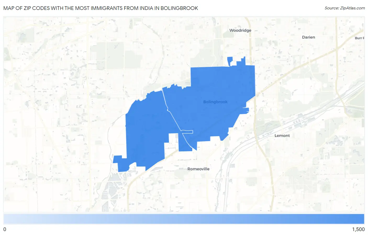 Zip Codes with the Most Immigrants from India in Bolingbrook Map