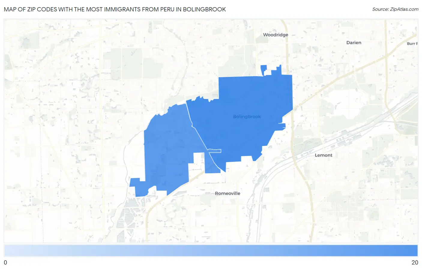 Zip Codes with the Most Immigrants from Peru in Bolingbrook Map