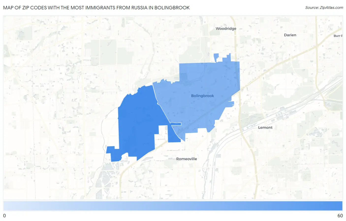 Zip Codes with the Most Immigrants from Russia in Bolingbrook Map