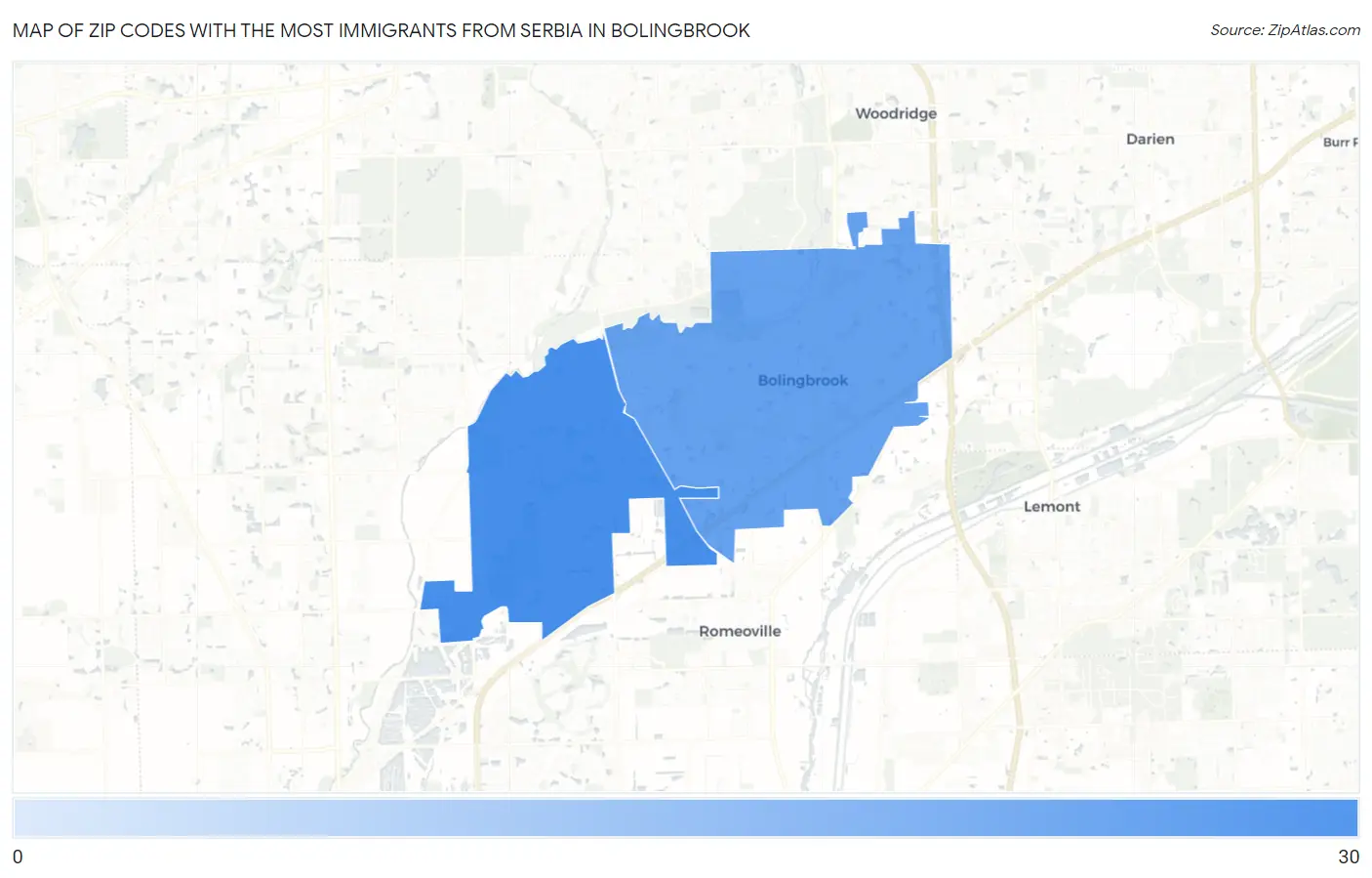Zip Codes with the Most Immigrants from Serbia in Bolingbrook Map