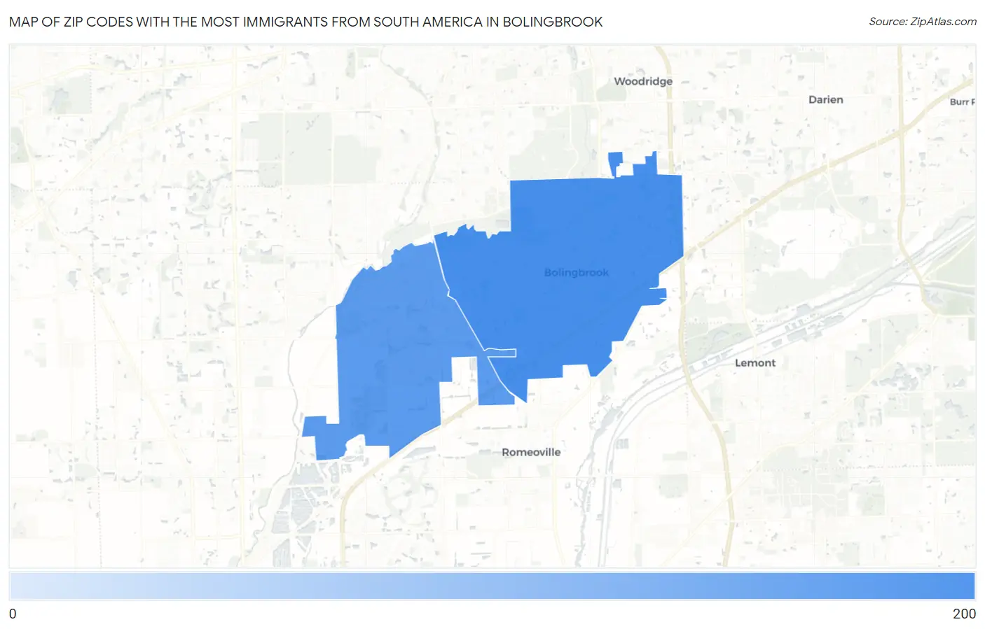 Zip Codes with the Most Immigrants from South America in Bolingbrook Map