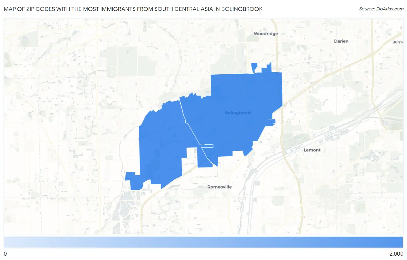 Zip Codes with the Most Immigrants from South Central Asia in Bolingbrook Map