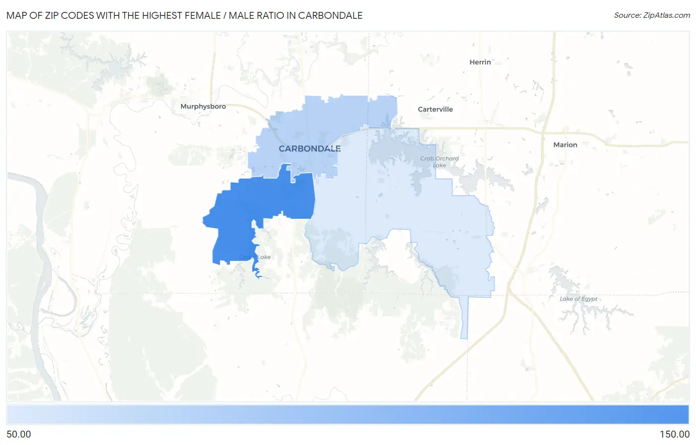 Zip Codes with the Highest Female / Male Ratio in Carbondale Map