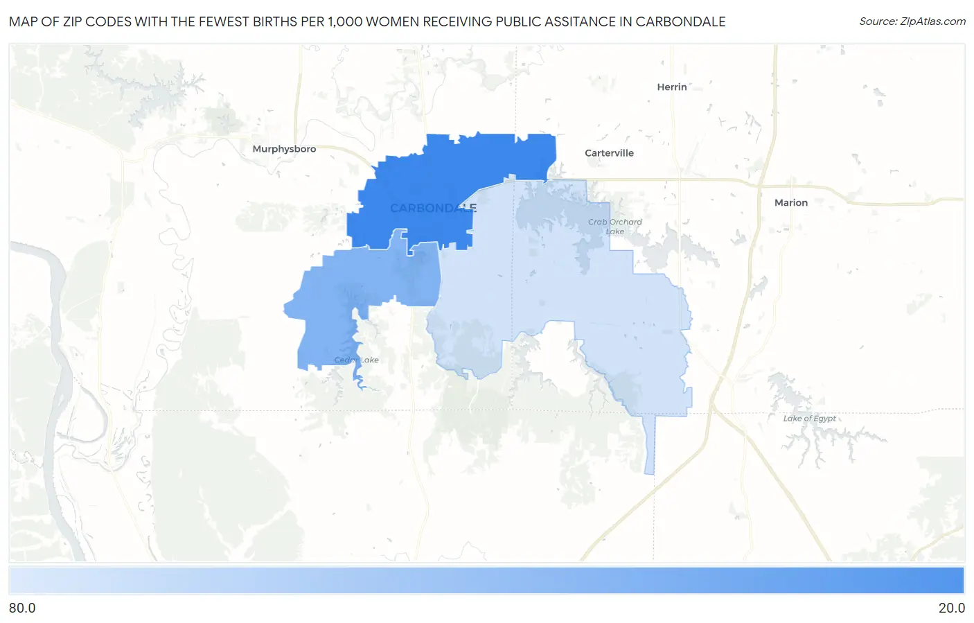 Zip Codes with the Fewest Births per 1,000 Women Receiving Public Assitance in Carbondale Map