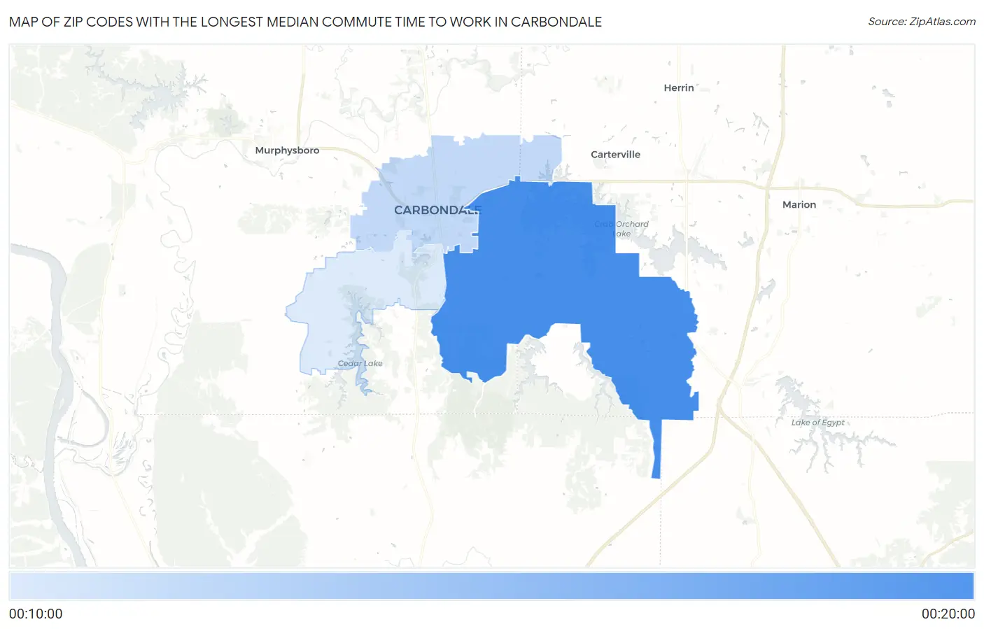 Zip Codes with the Longest Median Commute Time to Work in Carbondale Map
