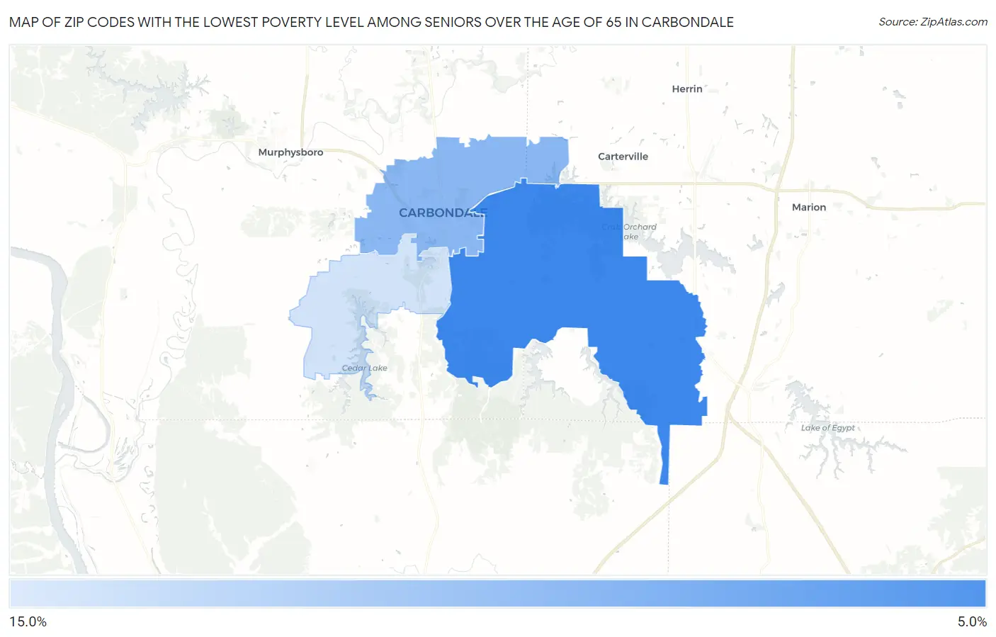 Zip Codes with the Lowest Poverty Level Among Seniors Over the Age of 65 in Carbondale Map